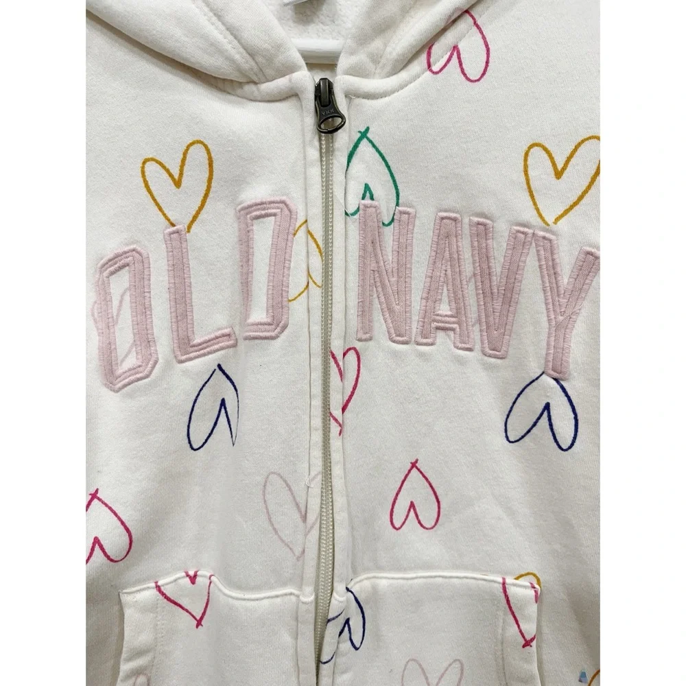 Old Navy Girls Heart Print Fleece Lined Zip Hoodie Jacket XL 14-16 White